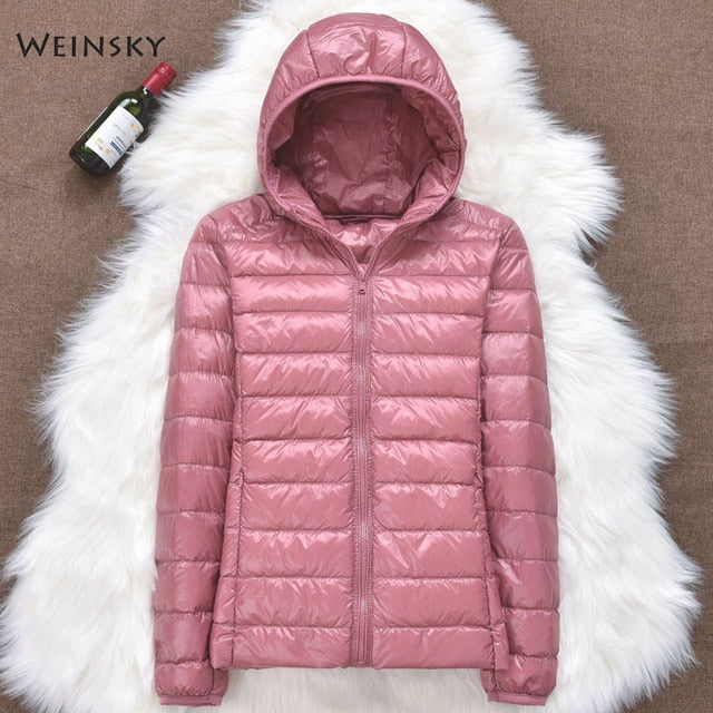 Chaqueta de fino algodón Down ultraligera para mujer, chaquetas con capucha de plumón de pato blanco, abrigo cálido de manga larga, Parka para mujer, prendas de vestir portátiles