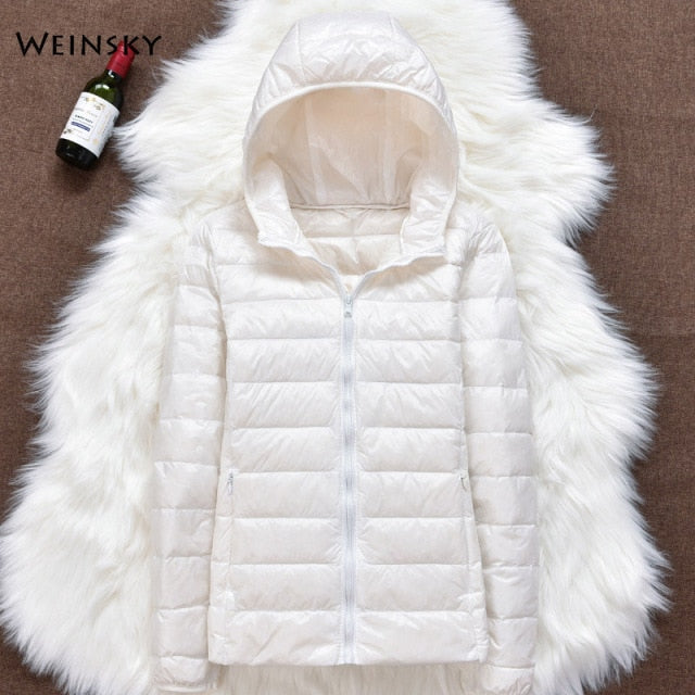 Chaqueta de fino algodón Down ultraligera para mujer, chaquetas con capucha de plumón de pato blanco, abrigo cálido de manga larga, Parka para mujer, prendas de vestir portátiles