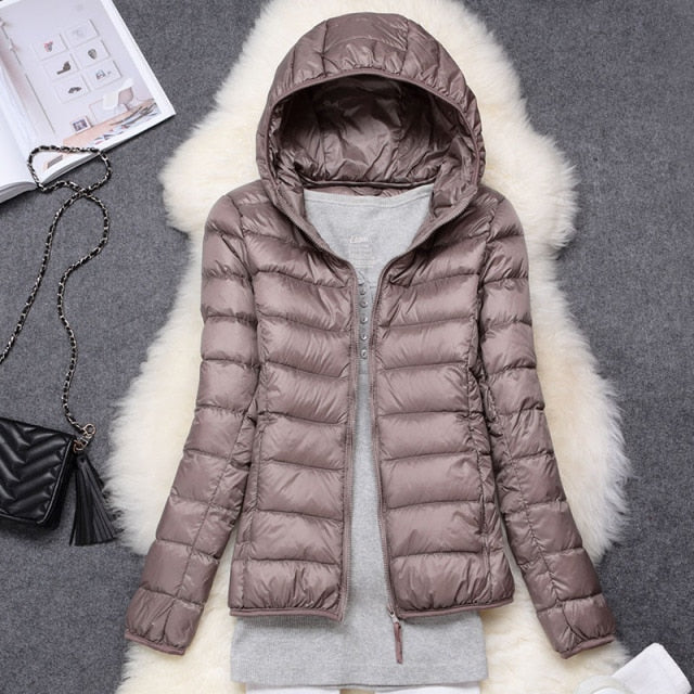 Chaqueta de fino algodón Down ultraligera para mujer, chaquetas con capucha de plumón de pato blanco, abrigo cálido de manga larga, Parka para mujer, prendas de vestir portátiles