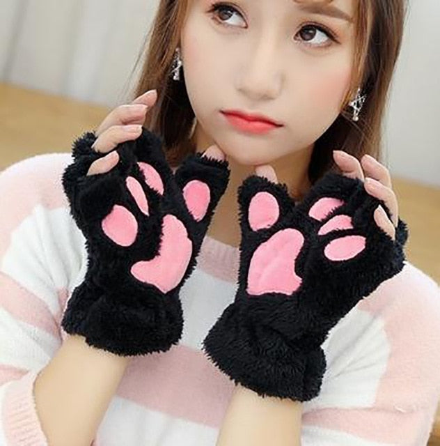 Guantes de invierno con garra de pata de gato y oso de peluche para mujer, guantes sin dedos de piel sintética, guantes sin dedos para Navidad y Halloween para mujeres y niñas