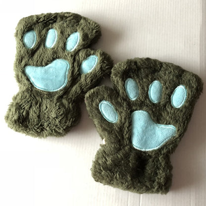 Guantes de invierno con garra de pata de gato y oso de peluche para mujer, guantes sin dedos de piel sintética, guantes sin dedos para Navidad y Halloween para mujeres y niñas