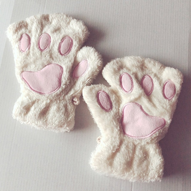 Women Bear Plush Cat Paw Claw Gloves Winter Faux Fur Cute Kitten Fingerless Mittens Gloves Christmas Halloween for Womens Girls