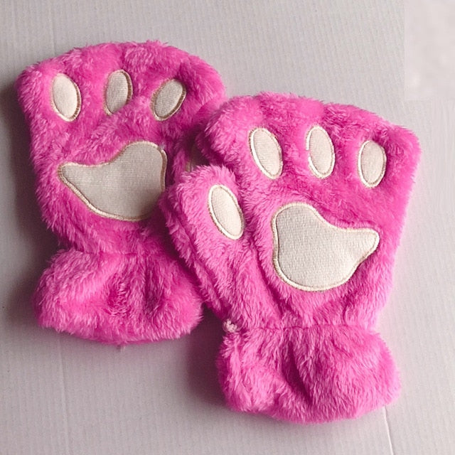 Guantes de invierno con garra de pata de gato y oso de peluche para mujer, guantes sin dedos de piel sintética, guantes sin dedos para Navidad y Halloween para mujeres y niñas