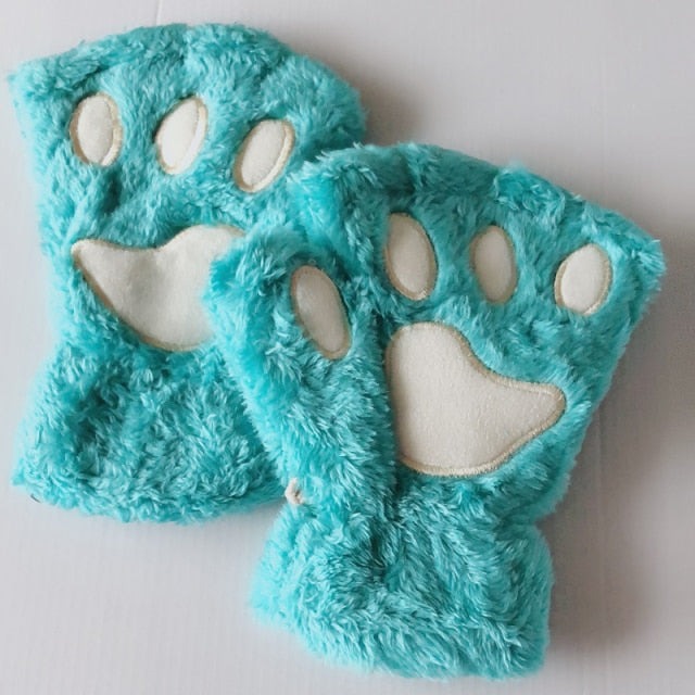 Women Bear Plush Cat Paw Claw Gloves Winter Faux Fur Cute Kitten Fingerless Mittens Gloves Christmas Halloween for Womens Girls