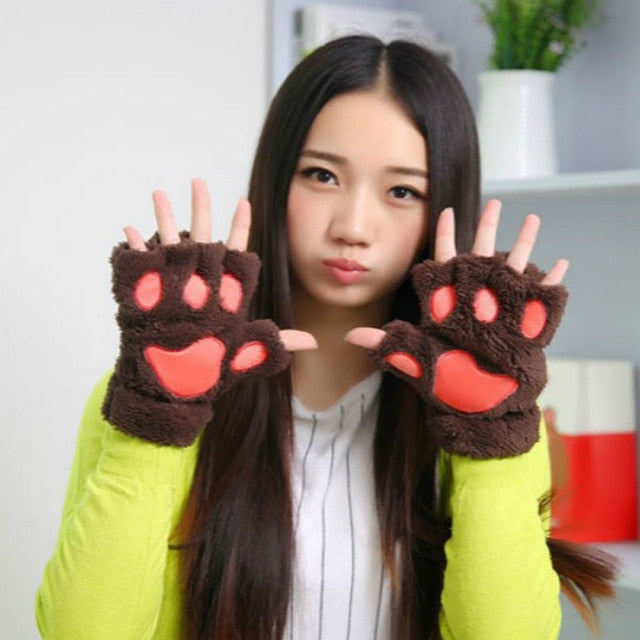 Guantes de invierno con garra de pata de gato y oso de peluche para mujer, guantes sin dedos de piel sintética, guantes sin dedos para Navidad y Halloween para mujeres y niñas