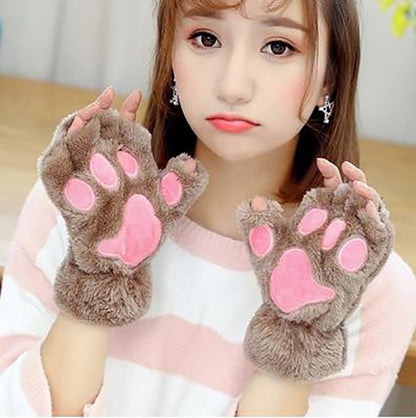 Guantes de invierno con garra de pata de gato y oso de peluche para mujer, guantes sin dedos de piel sintética, guantes sin dedos para Navidad y Halloween para mujeres y niñas