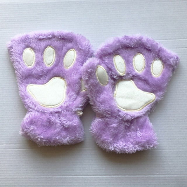 Women Bear Plush Cat Paw Claw Gloves Winter Faux Fur Cute Kitten Fingerless Mittens Gloves Christmas Halloween for Womens Girls