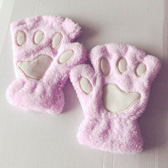 Guantes de invierno con garra de pata de gato y oso de peluche para mujer, guantes sin dedos de piel sintética, guantes sin dedos para Navidad y Halloween para mujeres y niñas