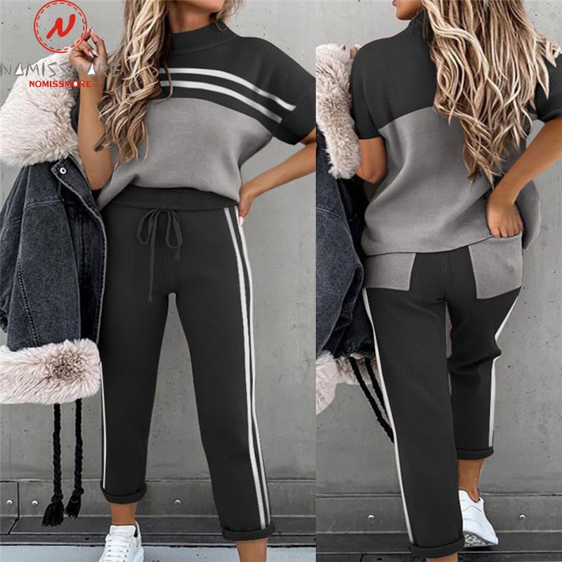 Women Summer Casual Loose 2 Piece Set Side Stripes Drawstring Design Pockets Decor Mid Waist Long Pants+O-Neck Short Sleeve Top