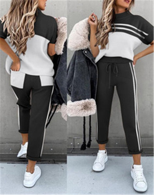 Women Summer Casual Loose 2 Piece Set Side Stripes Drawstring Design Pockets Decor Mid Waist Long Pants+O-Neck Short Sleeve Top