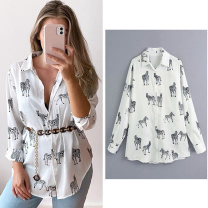 Blusa de raso de mujer de manga larga con estampado de cebra