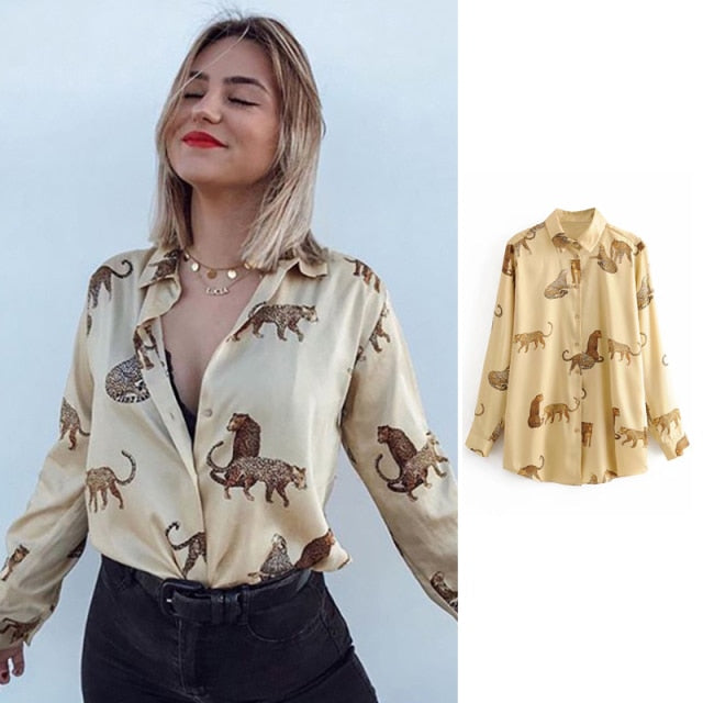 Blusa de raso de mujer de manga larga con estampado de cebra