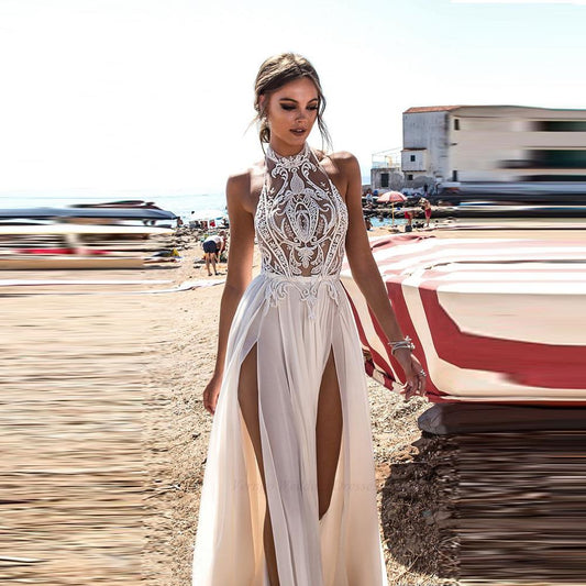 Vestidos de novia largos sin espalda de gasa con top de encaje halter con abertura lateral alta sexy para la playa