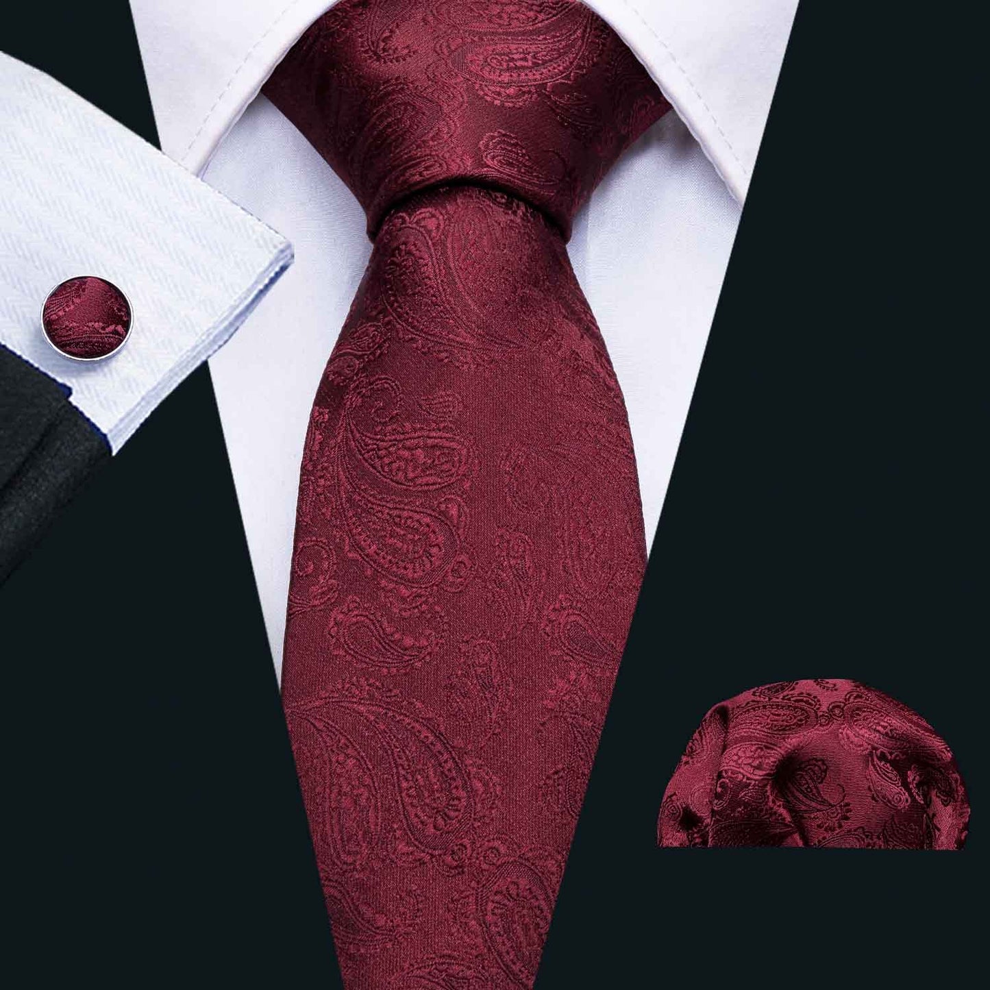 Wine red Jacquard Woven tie Set Handkerchief