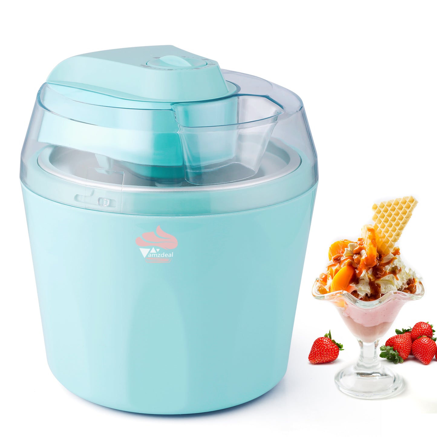 Amzdeal Máquina para hacer helados de 1,5 cuartos, herramientas automáticas con temporizador de 30 minutos y tapa transparente, incluye recetas para helado casero, yogur helado y sorbete