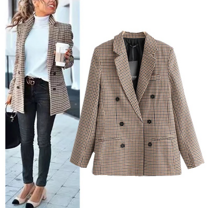 Blazer de mujer de tweed con bolsillo y manga larga con doble botonadura 